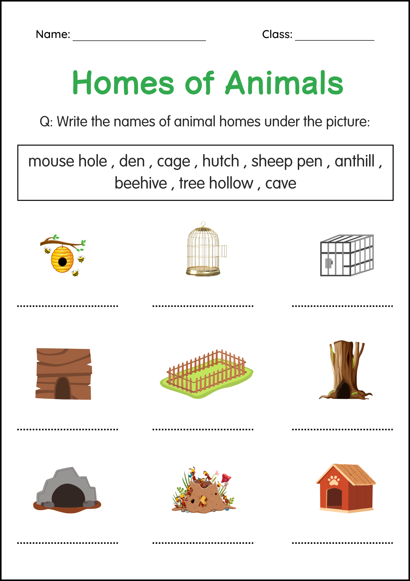 Printable Animals and Their Homes Activity Worksheets for Grade 1, 2, 3 ...