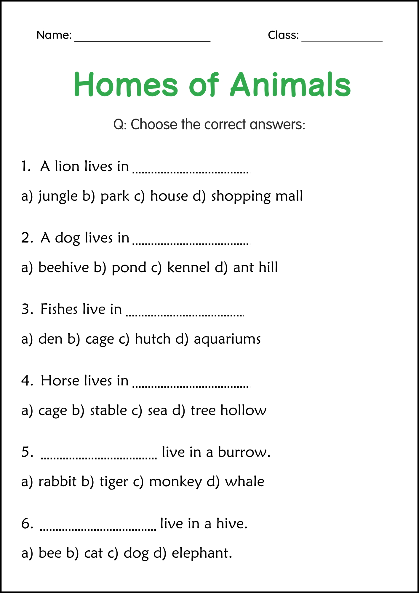 Printable Animals and Their Homes Activity Worksheets for Grade 1, 2, 3 ...