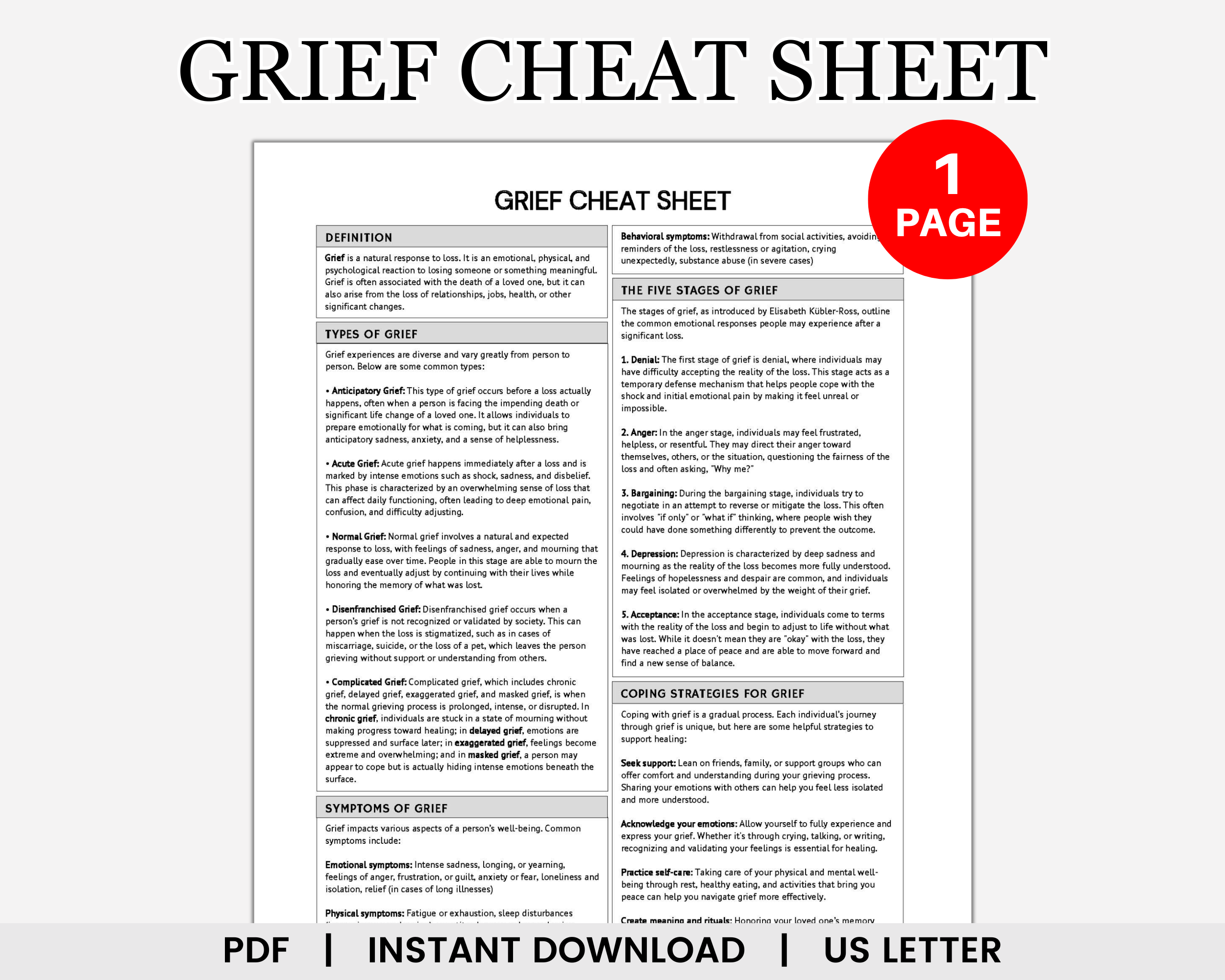Grief Cheat Sheet, Grief Therapy, Grief Counseling, Bereavement Therapy, Grief and Loss