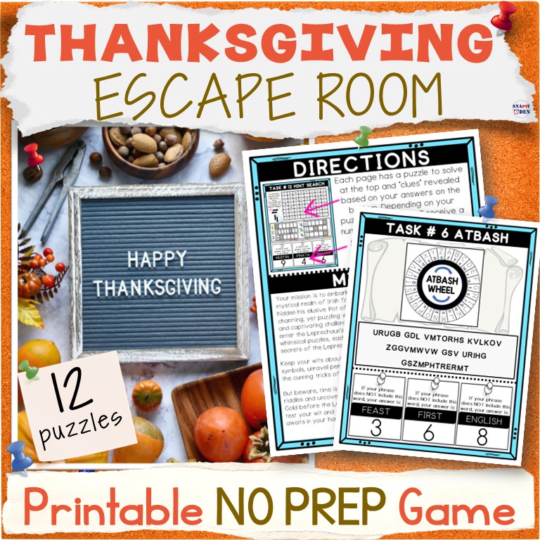 Thanksgiving Escape Room Printable Activity Packet 12 Puzzles Breakout Game Kit
