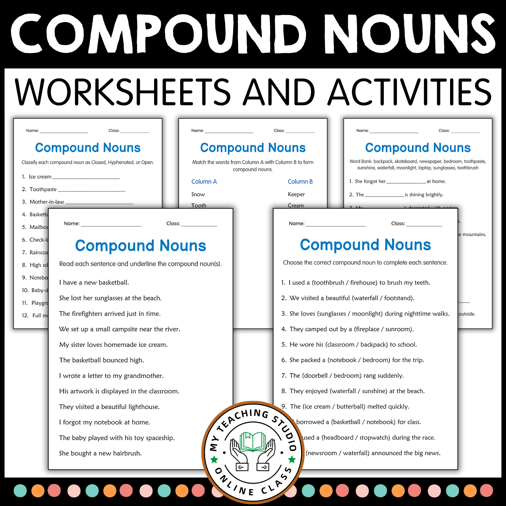 Compound Nouns Grammar Worksheet for Grade 1, 2, 3