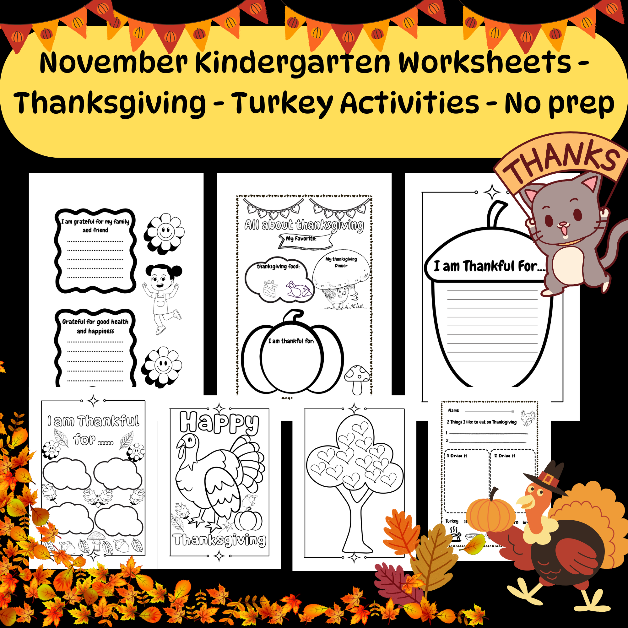 November Kindergarten Worksheets - Thanksgiving - Turkey Activities - No prep