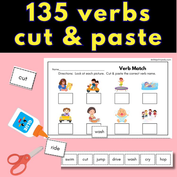 Action verb Cut & Paste the word to match the image worksheet