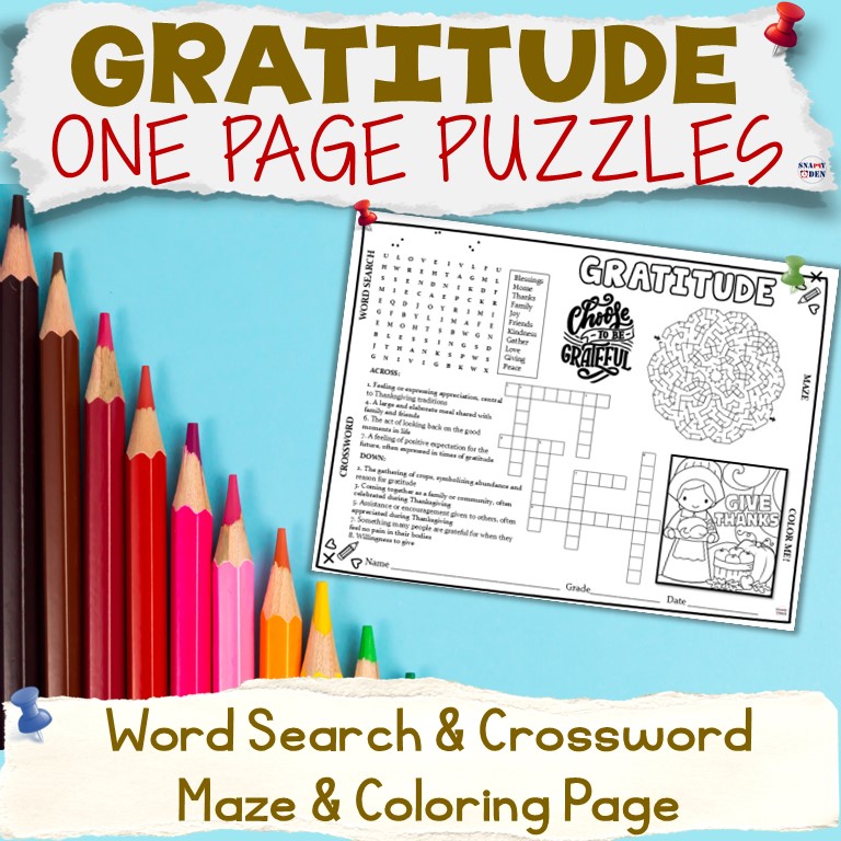 Gratitude Thanksgiving Word Search Crossword Maze Coloring Page Puzzles Placemat
