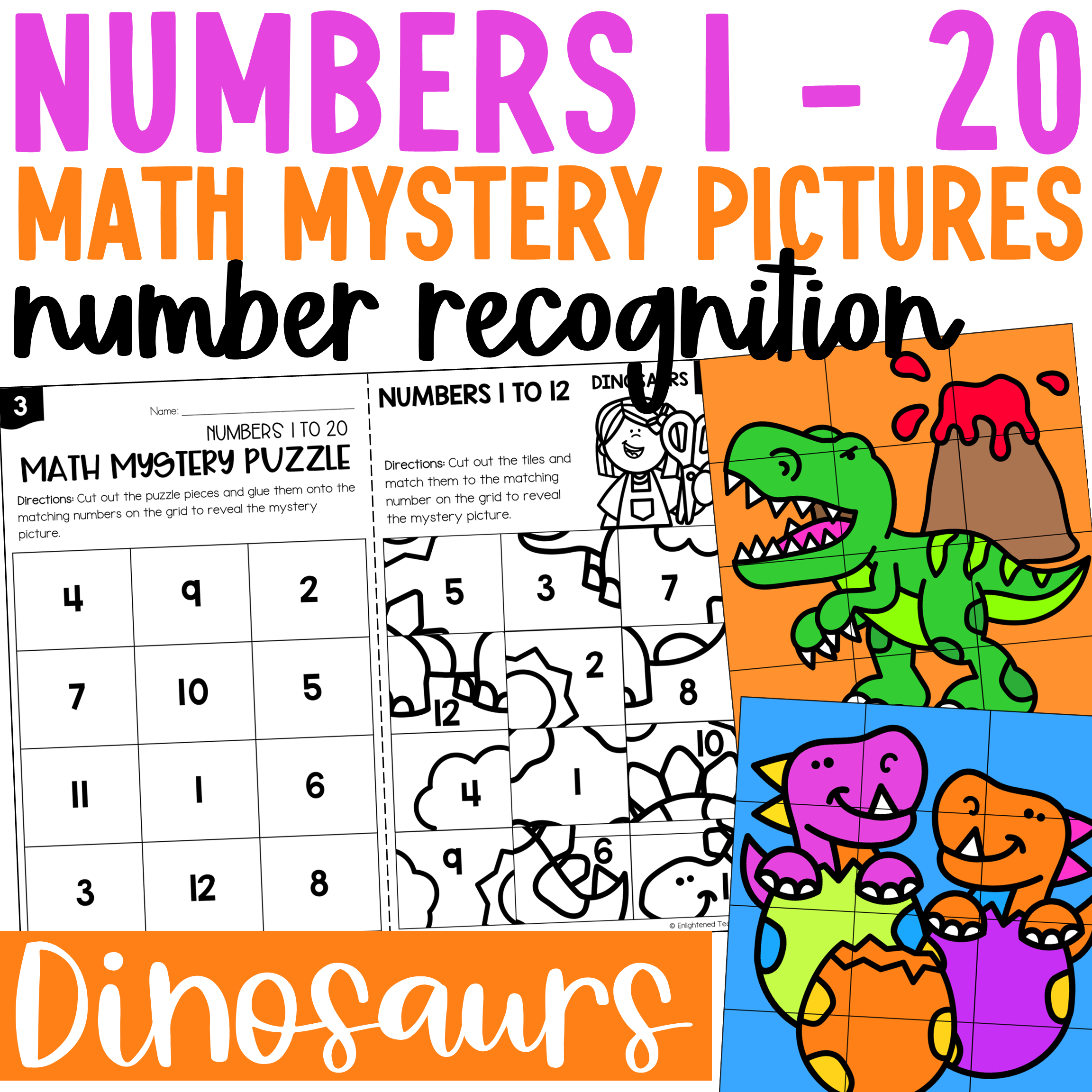 Dinosaur Numbers to 20 Worksheets Mystery Puzzles Dinosaur Number Recognition