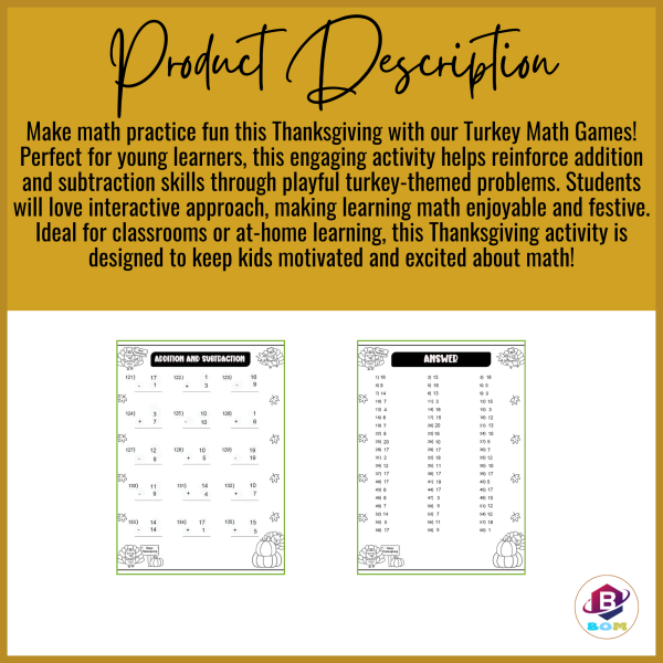 Turkey Math Games for Addition and Subtraction - Fun Thanksgiving Math ...