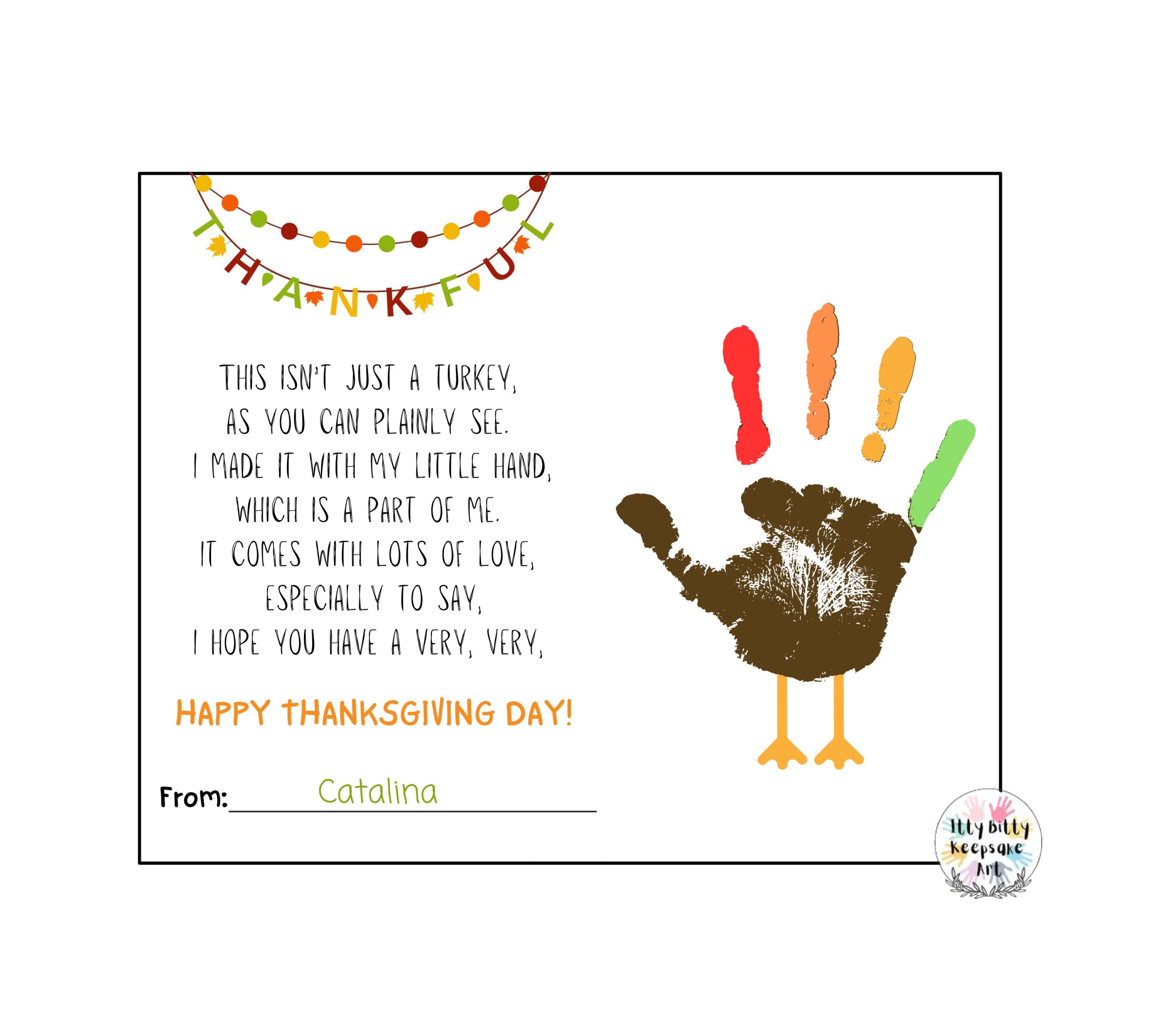 Thanksgiving Turkey Poem Handprint Art Craft Printable Template / Fall Craft / Autumn Activity