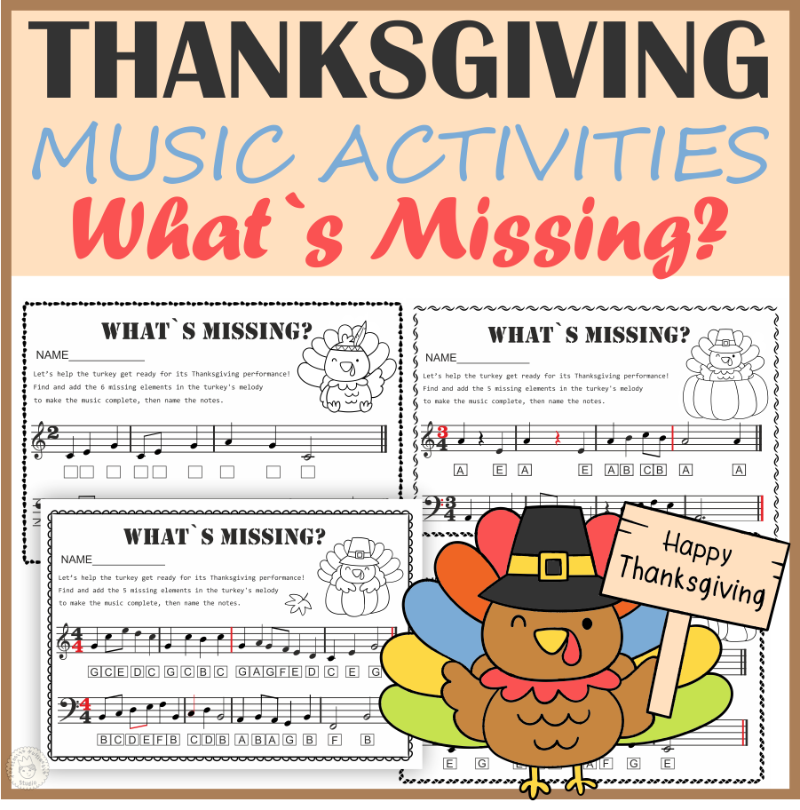 Thanksgiving Music Activities - Treble & Bass Note Names & Music Notation Skills