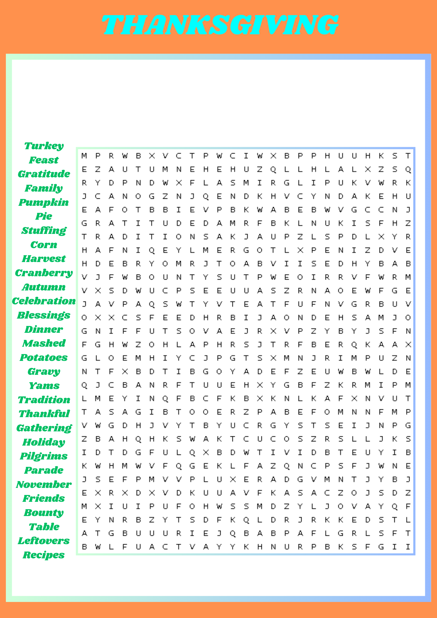 THANKSGIVING Word Search Puzzle COMPREHENSION