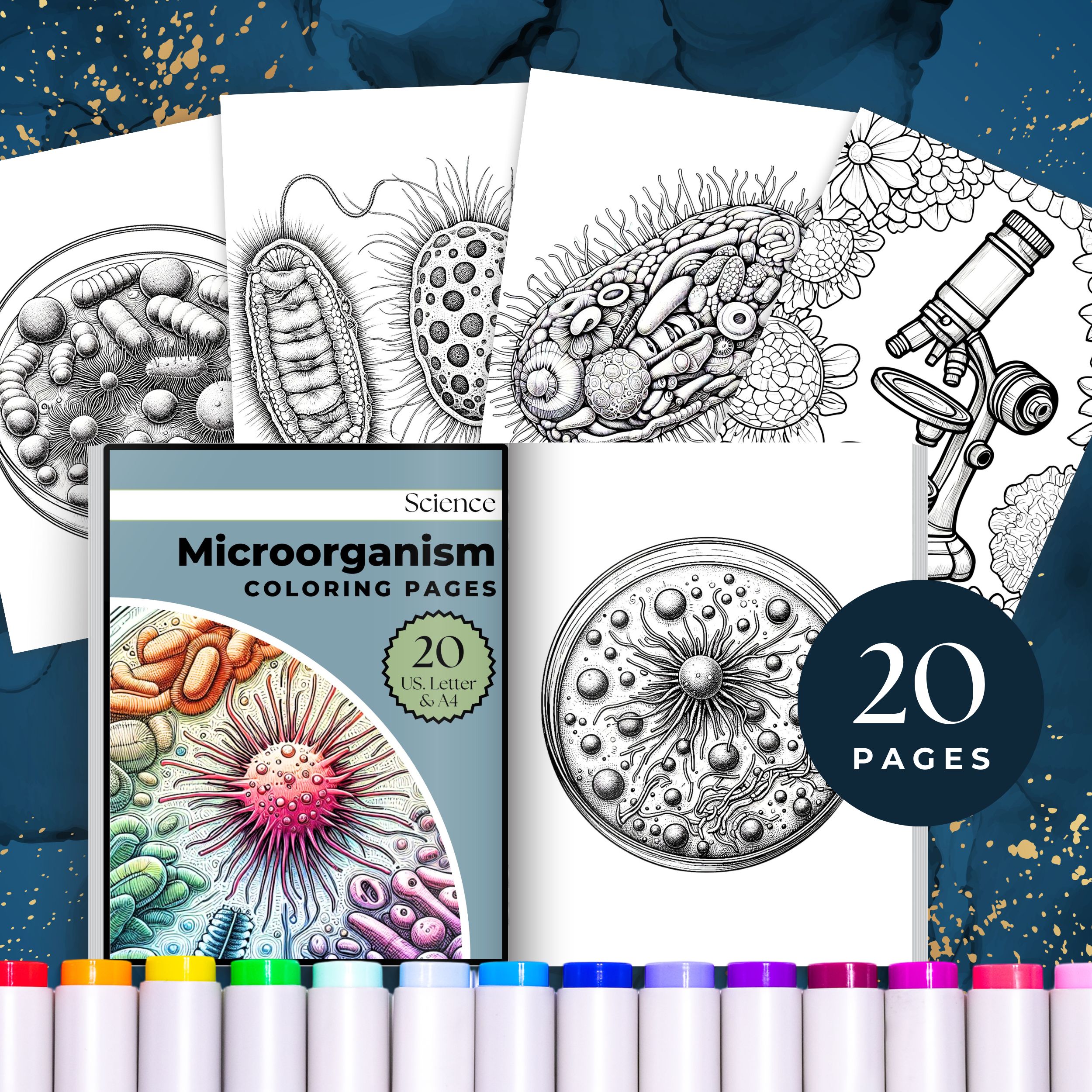 Science Coloring Pages for Adults Kids, Fun Science Grayscale Coloring, Germ Colouring Papers
