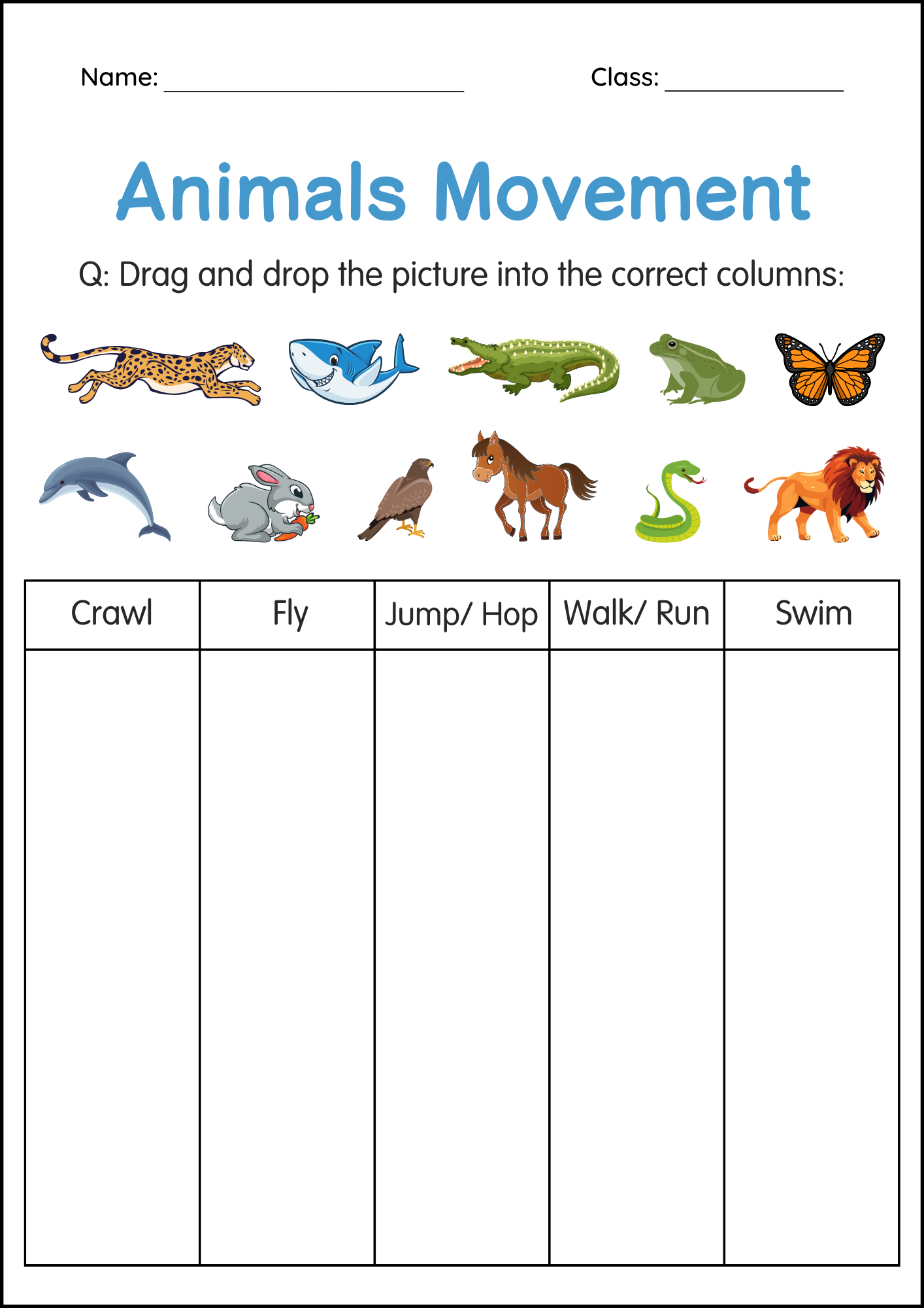 Printable Movements of Animals Activity Worksheet for Grade 1, 2, 3 ...