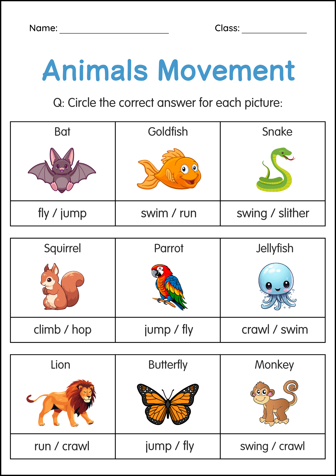 Printable Movements of Animals Activity Worksheet for Grade 1, 2, 3 ...