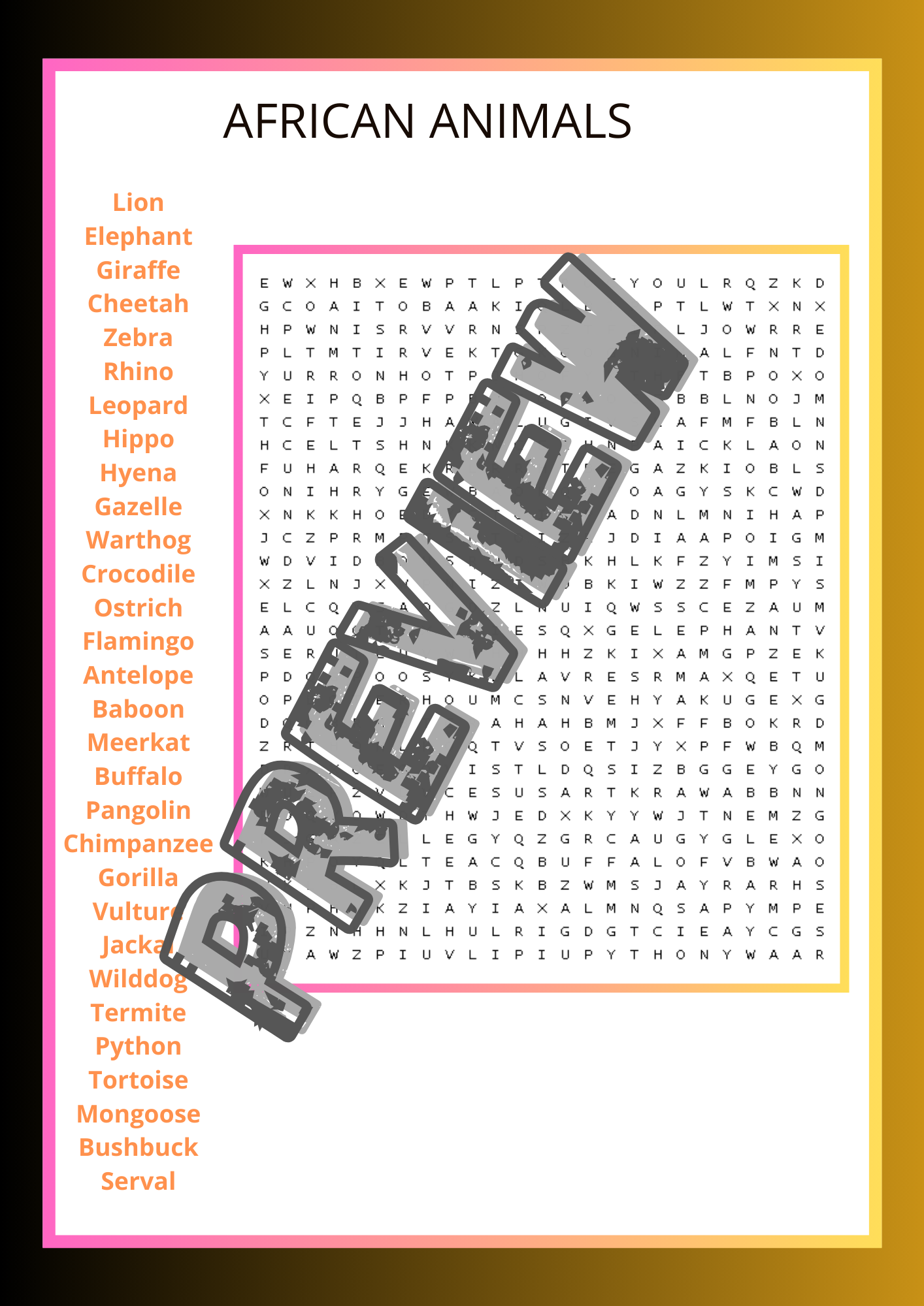 AFRICAN ANIMALS Word Search Puzzle