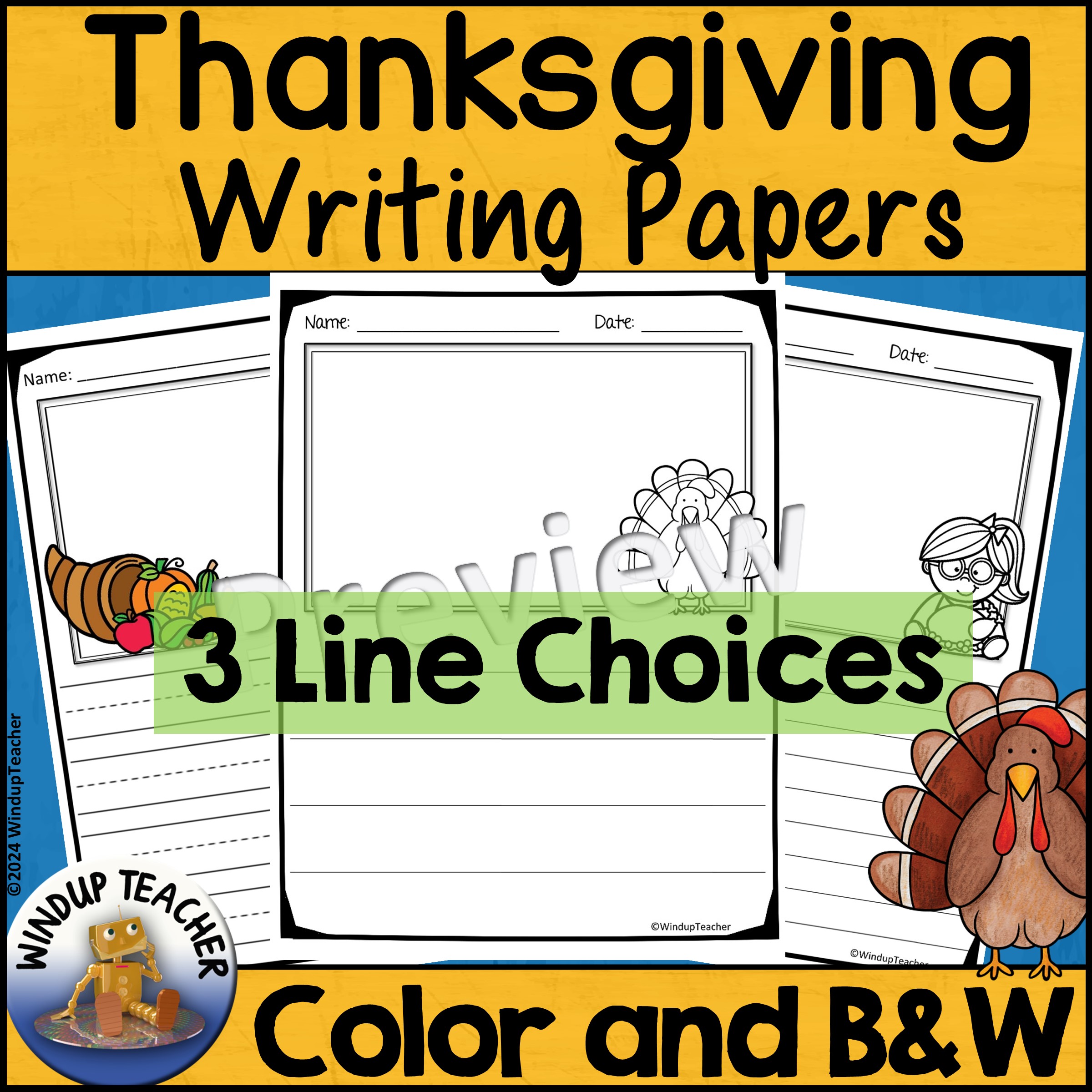 Thanksgiving Writing Paper Pack with Picture Box, Writing Lines, Color and B&W