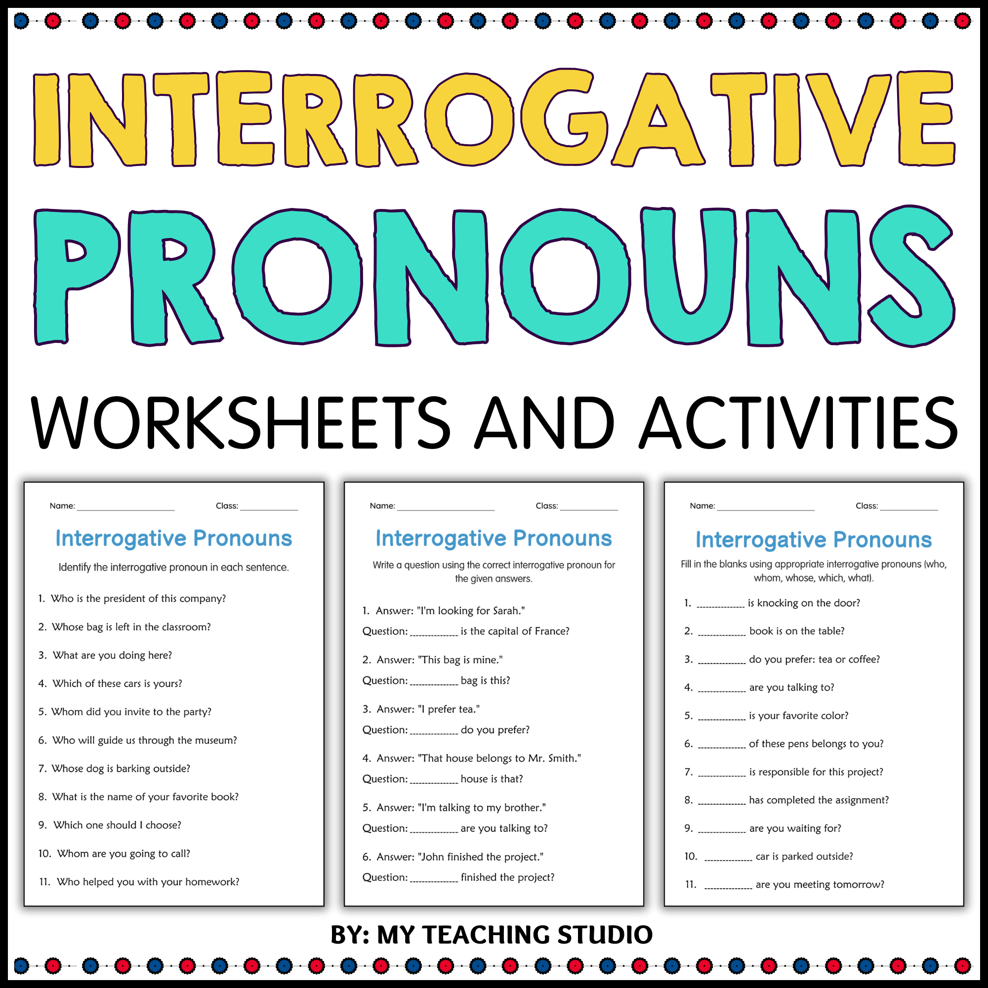 Interrogative Pronouns Grammar Activity Worksheets for Grade 1, 2, 3