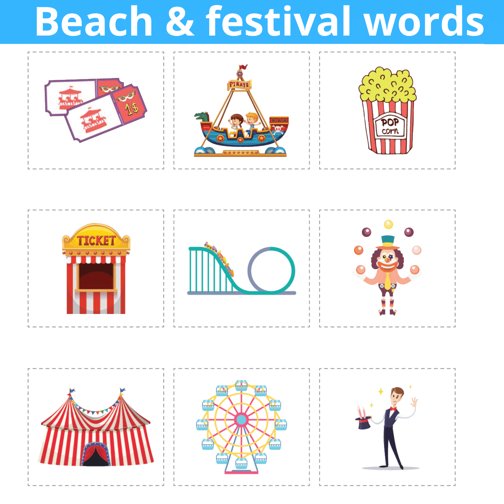 Beach & Festival Adventures – Vocabulary Cards & Interactive Worksheets