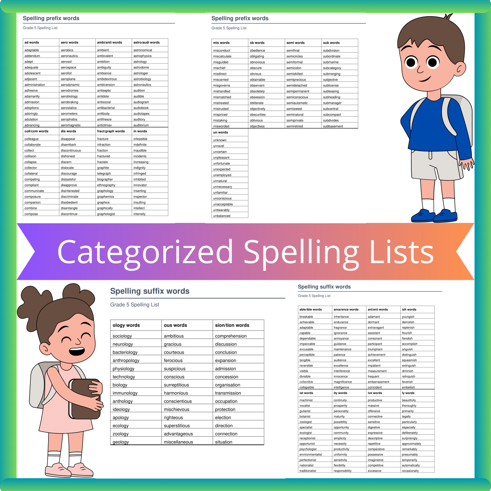 Fifth Grade Categorized Spelling Lists