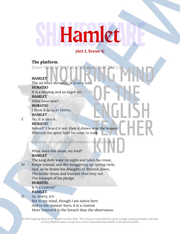 Hamlet Act 1 Scene 4 Close Reading Analysis Worksheet | Made By Teachers