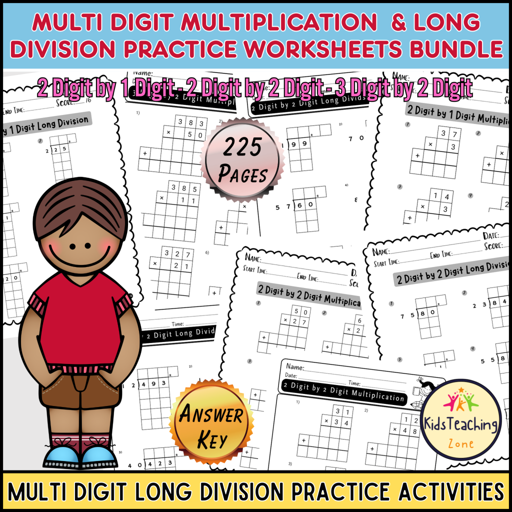 Multi Digit Multiplication and Long Division Practice Worksheets Bundle ...