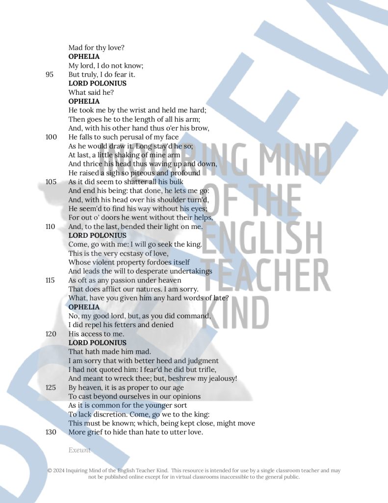 Hamlet Act 2 Scene 1 Close Reading Analysis Worksheet | Made By Teachers