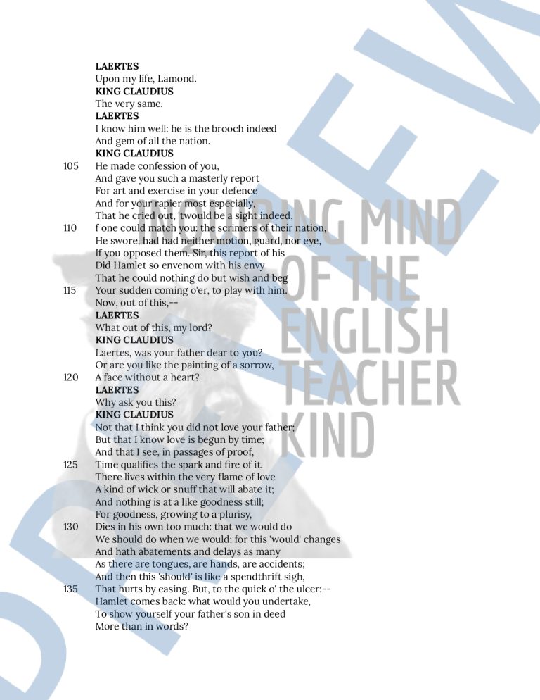 Hamlet Act 4 Scene 7 Close Reading Analysis Worksheet | Made By Teachers