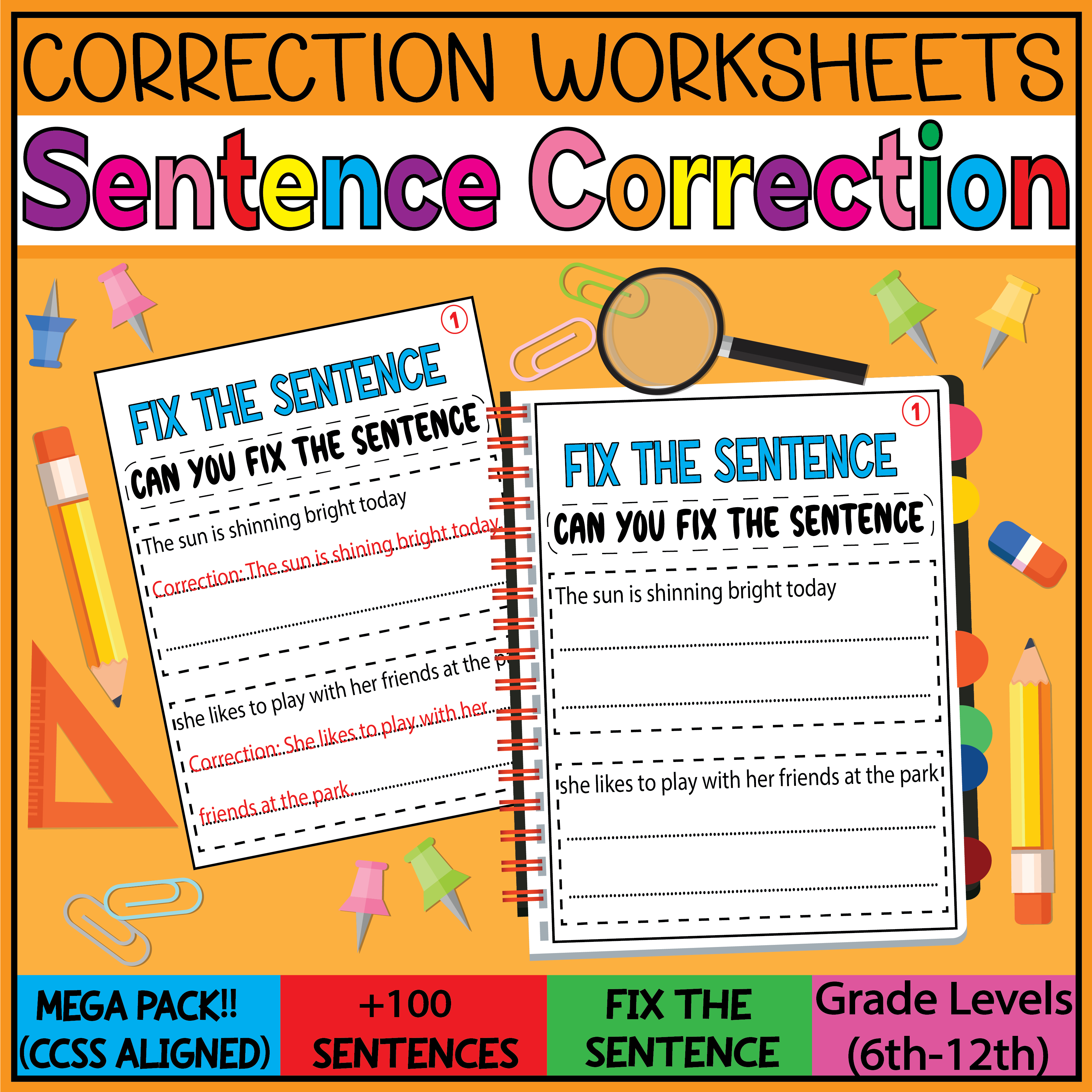 Sentence Correction Worksheets Fix the Sentence Kindergarten , +100 sentences