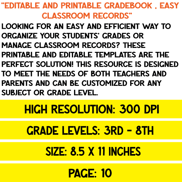 Gradebook Printable Template | Editable Autofill Grade Book & Class ...