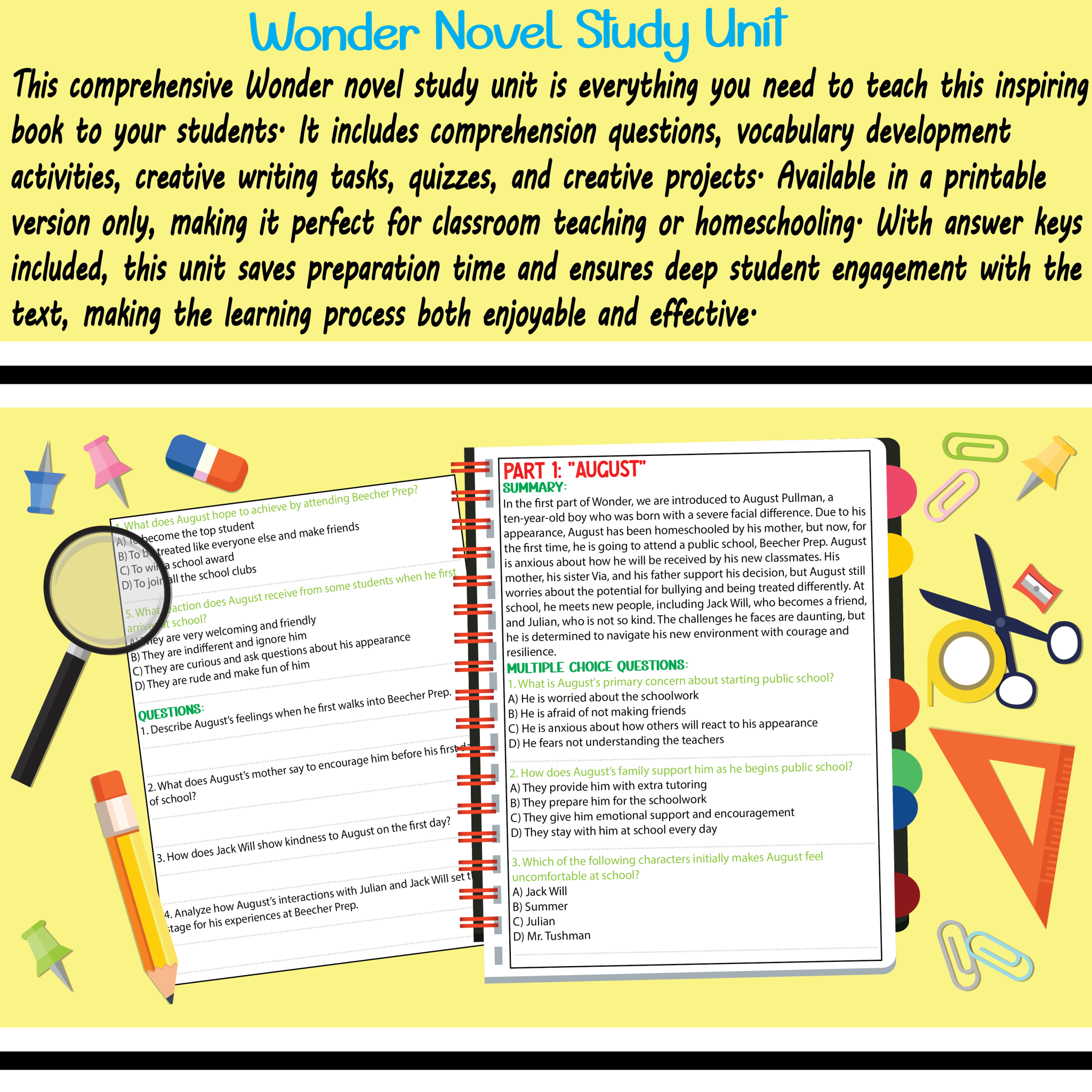 Wonder Novel Study Unit | Comprehension Questions with Activities and ...