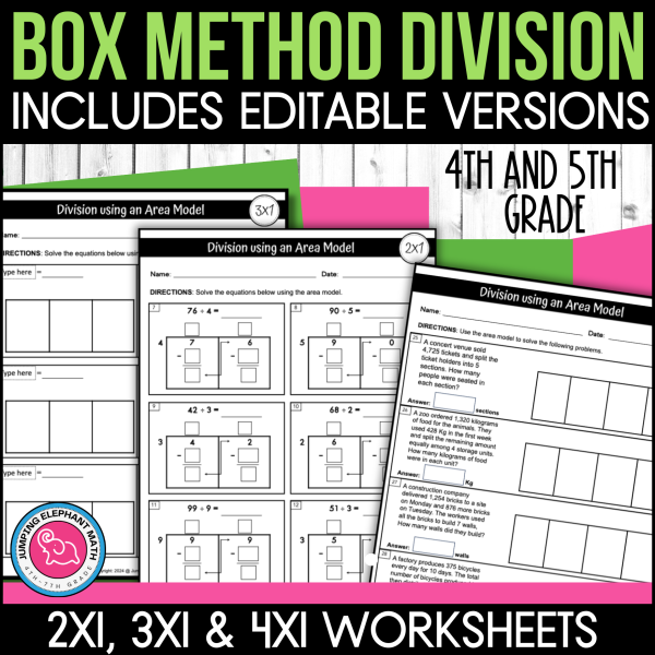 Box Method Division Worksheets 2x1 3x1 and 4x1 digit Print and Template ...