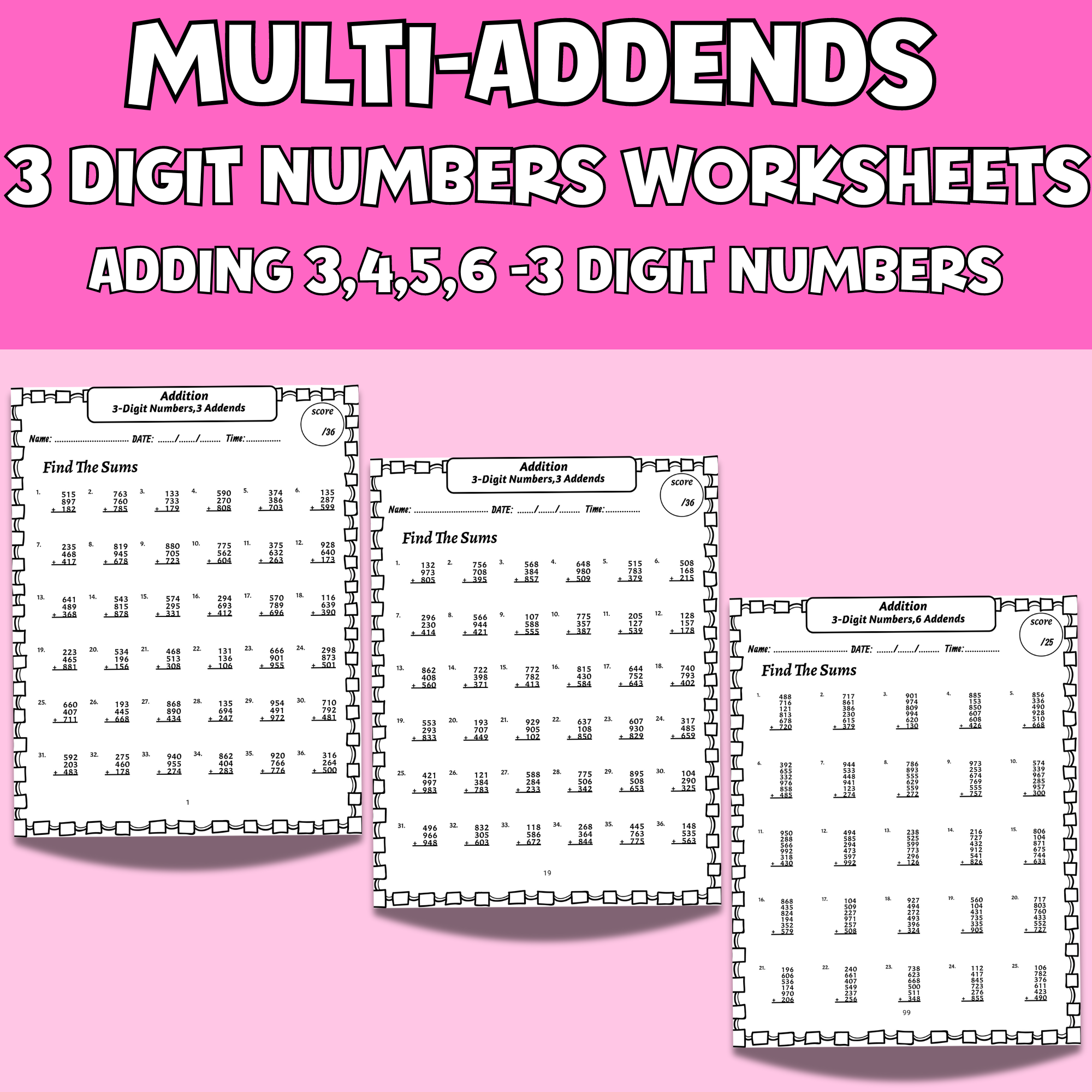 Multi-Addends 3 Digit Numbers Worksheets Adding (3,4,5,6 ) 3 Digit ...