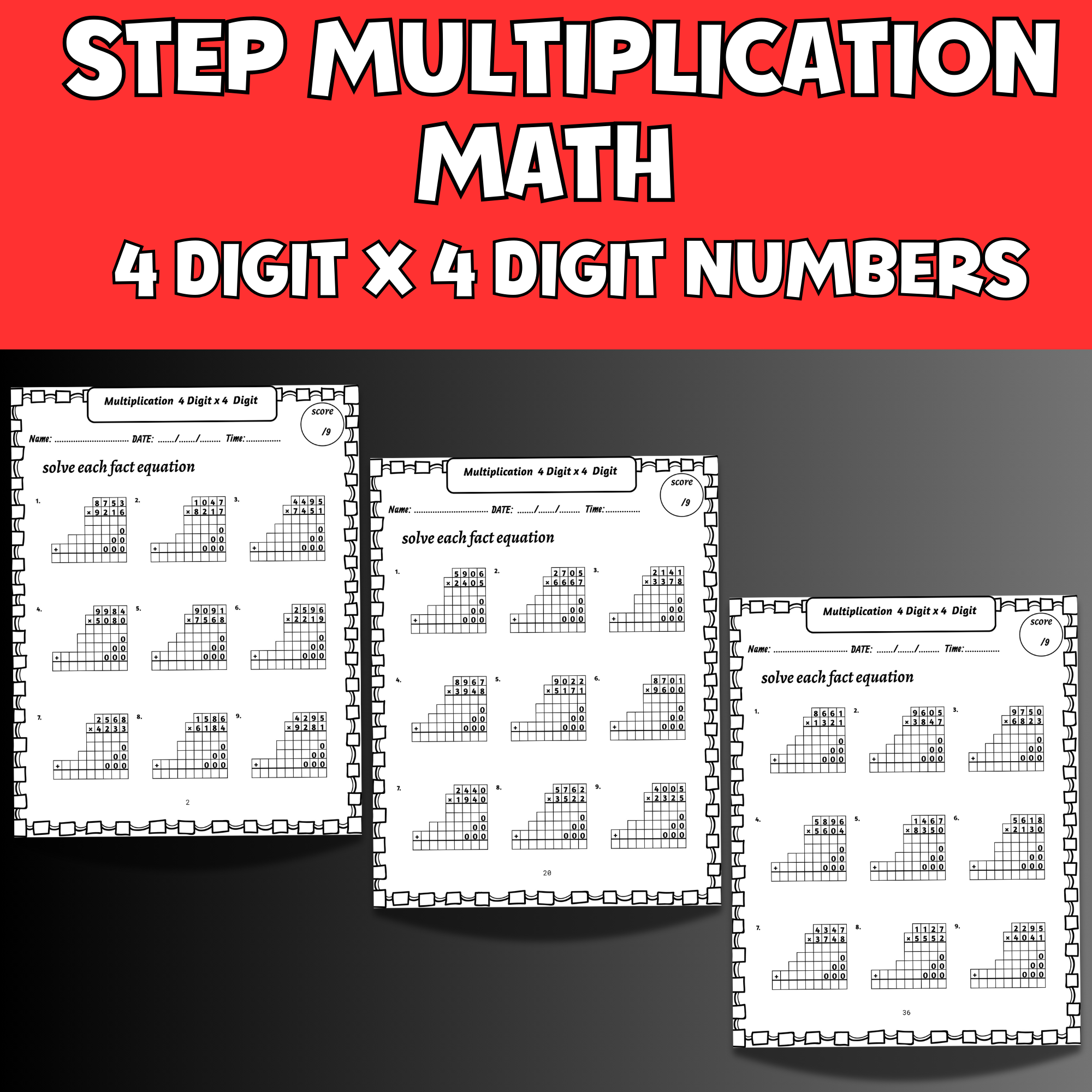 Step Multiplication Math Practice Worksheets , 4Digit x 4Digit