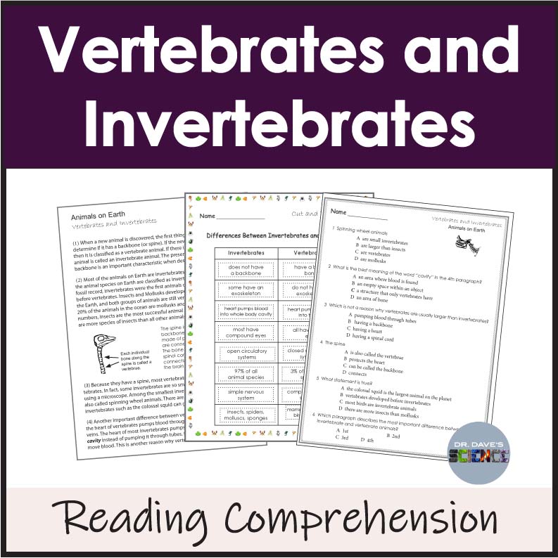 Vertebrates and Invertebrates Reading Comprehension Sort Worksheets