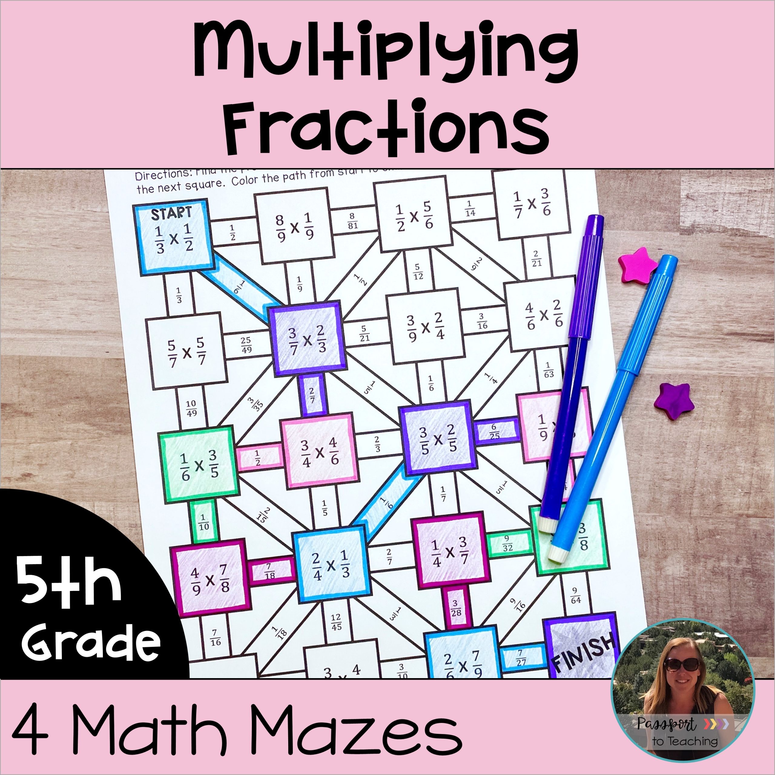 Multiplying Fractions Math Maze Worksheets - 5th Grade
