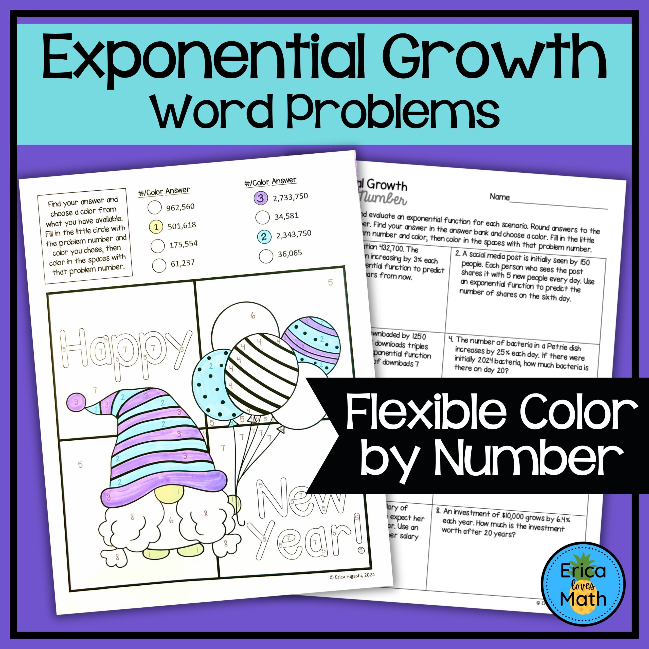 Exponential Growth Functions Word Problems Color by Number Activity (New Year's)