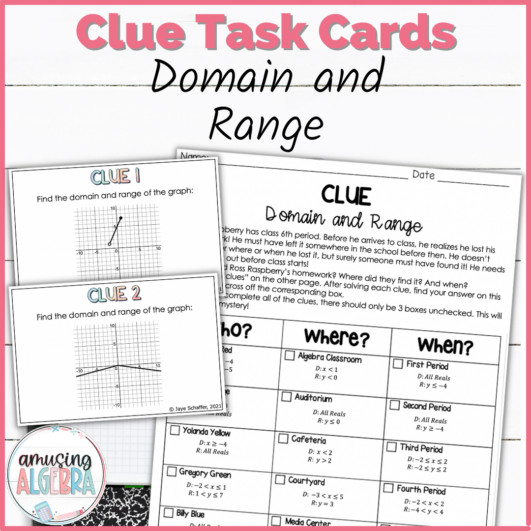 Domain and Range Clue Mystery Task Cards Activity