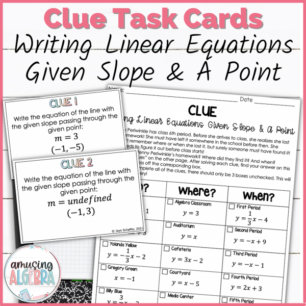 Writing Linear Equations Given Slope and Point Clue Mystery Task Cards ...