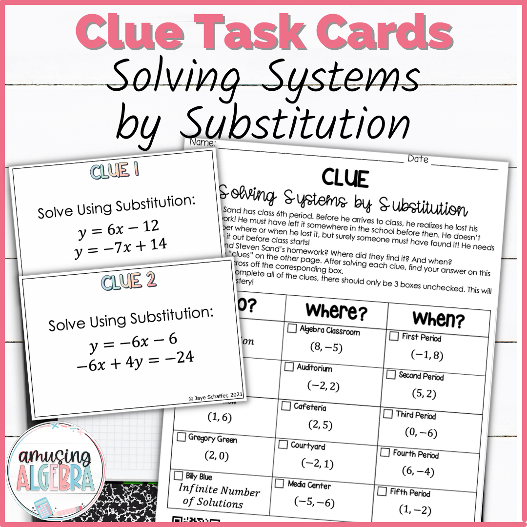 Solving Systems by Substitution Clue Mystery Task Cards Activity