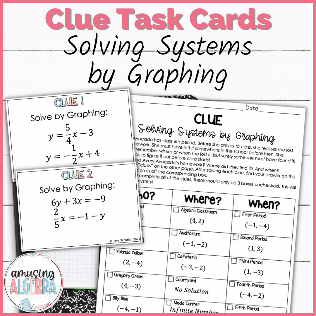 Solving Systems by Graphing Clue Mystery Task Cards Activity