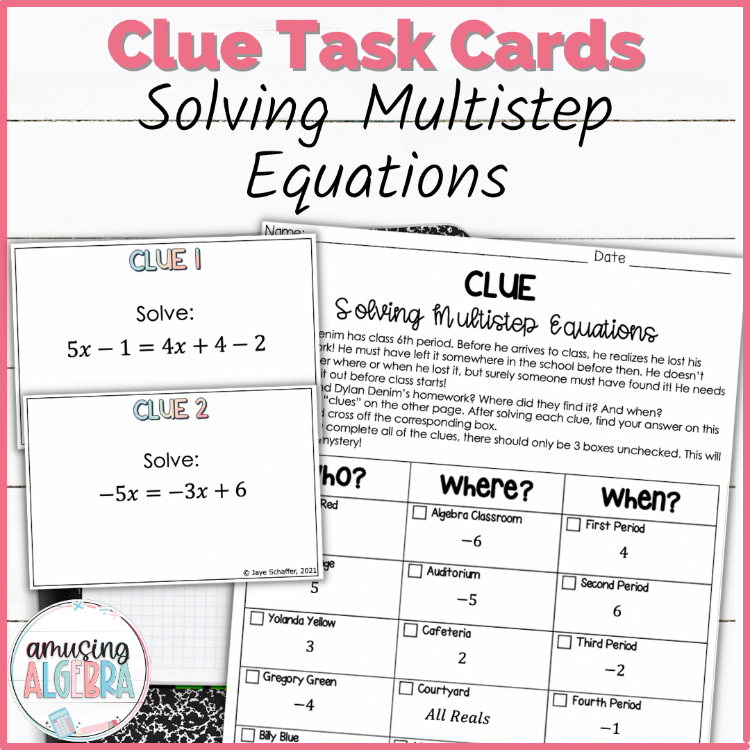 Solving Multistep Equations Clue Mystery Task Cards Activity
