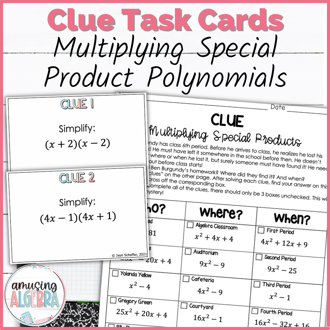 Multiplying Special Product Polynomials Clue Mystery Task Cards Activity