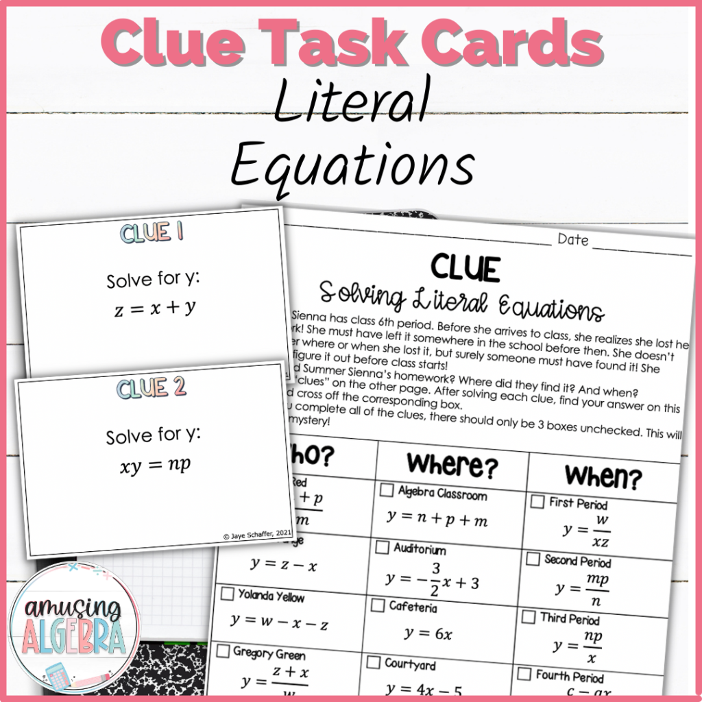 Solving Literal Equations Clue Mystery Task Cards Activity | Made By ...