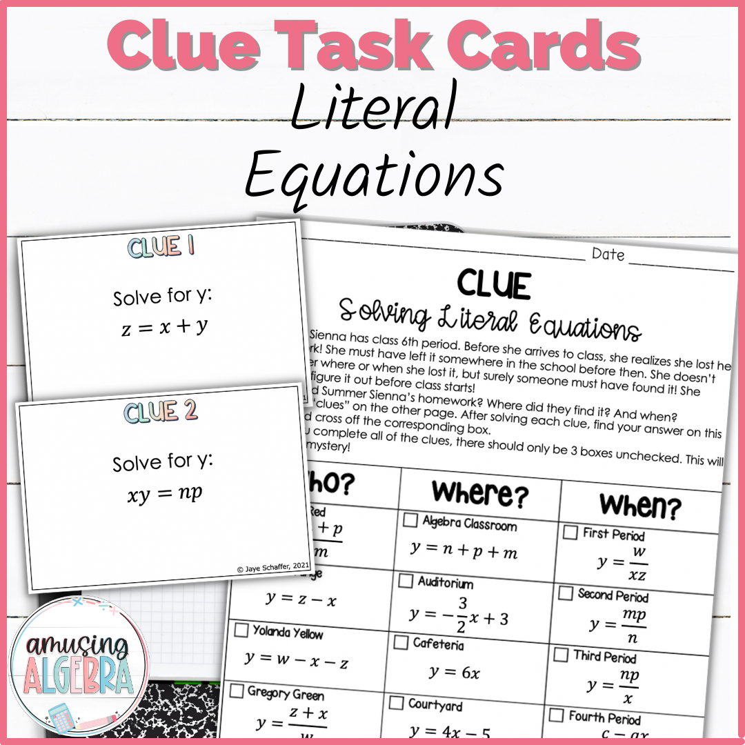 Solving Literal Equations Clue Mystery Task Cards Activity