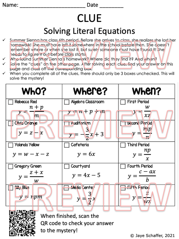 Solving Literal Equations Clue Mystery Task Cards Activity | Made By ...