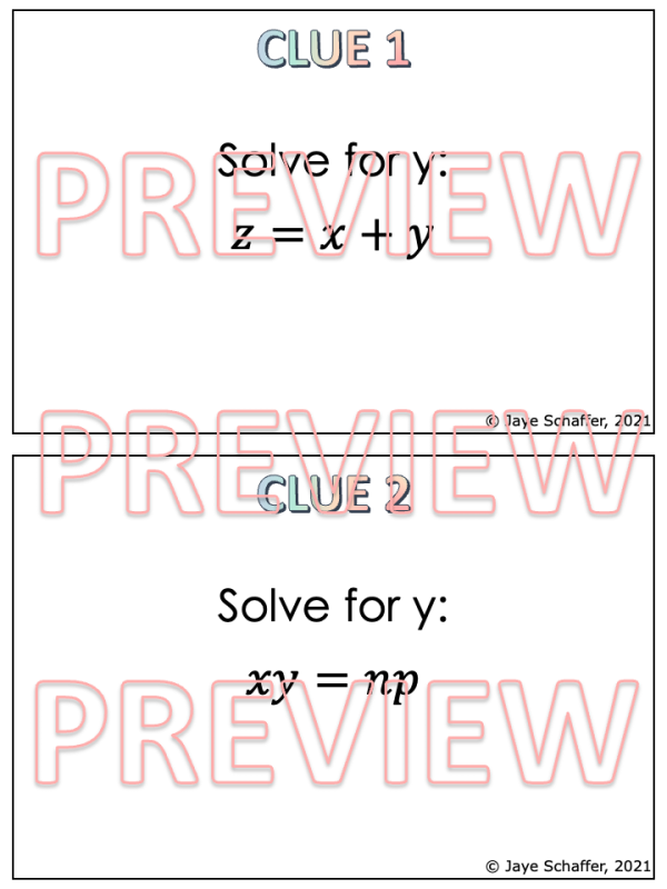 Solving Literal Equations Clue Mystery Task Cards Activity | Made By ...