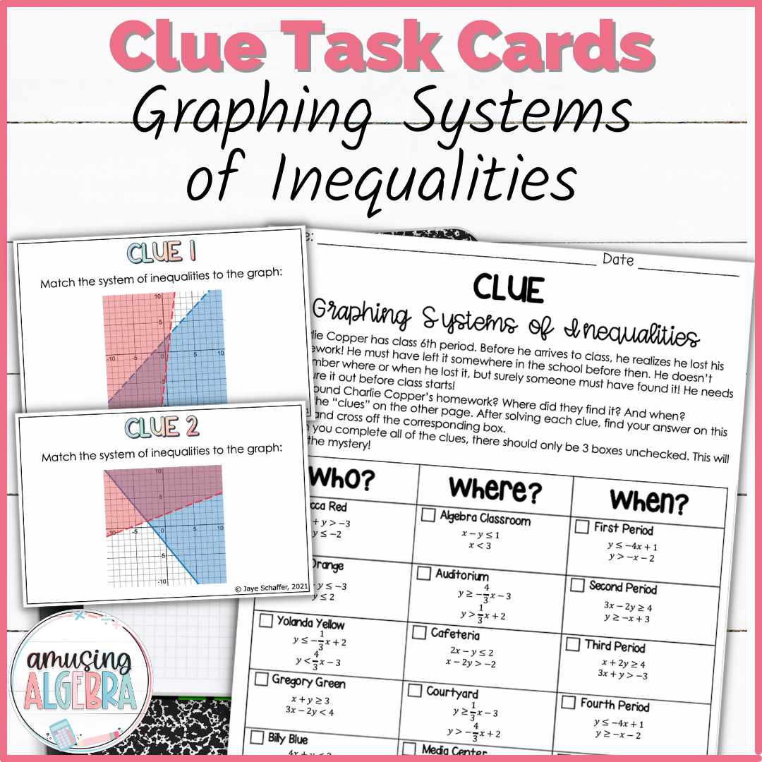 Graphing Systems of Inequalities Clue Mystery Task Cards Activity
