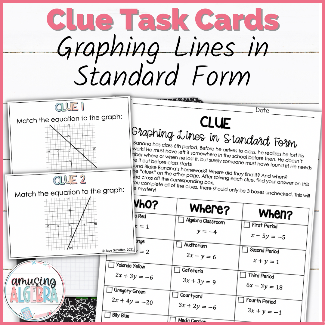 Graphing Lines in Standard Form Clue Mystery Task Cards Activity