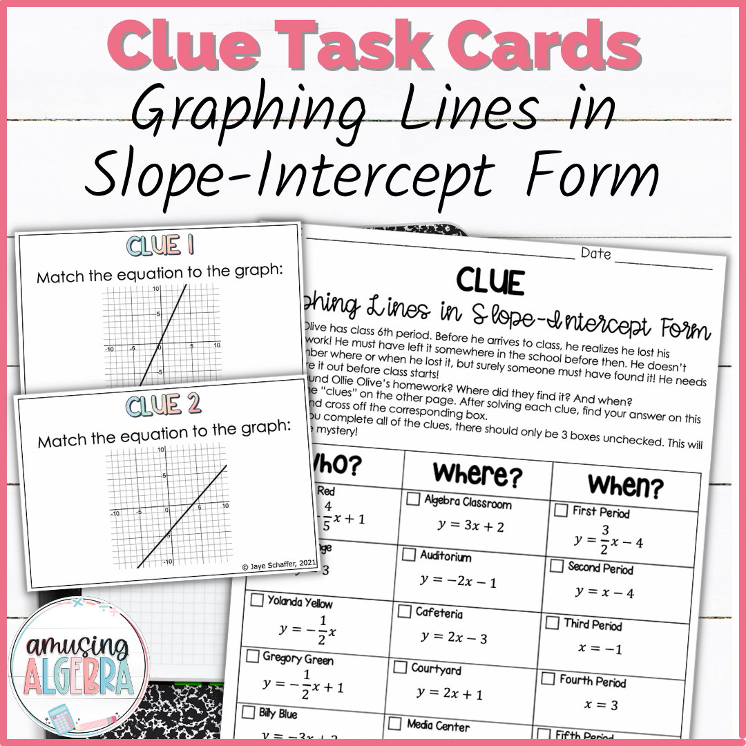 Graphing Lines in Slope Intercept Form Clue Mystery Task Cards Activity