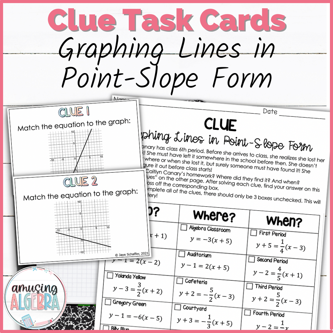 Graphing Lines in Point Slope Form Clue Mystery Task Cards Activity