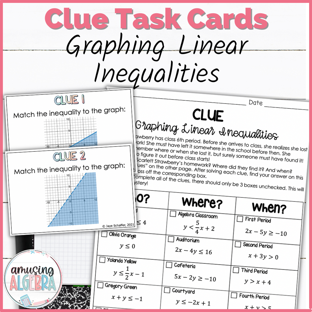 Graphing Linear Inequalities Clue Mystery Task Cards Activity