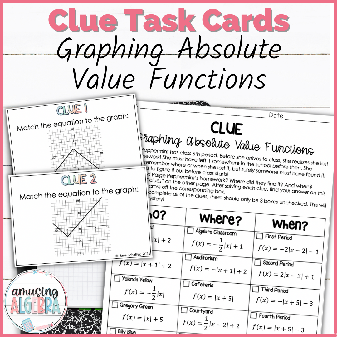 Graphing Absolute Value Functions Clue Mystery Task Cards Activity